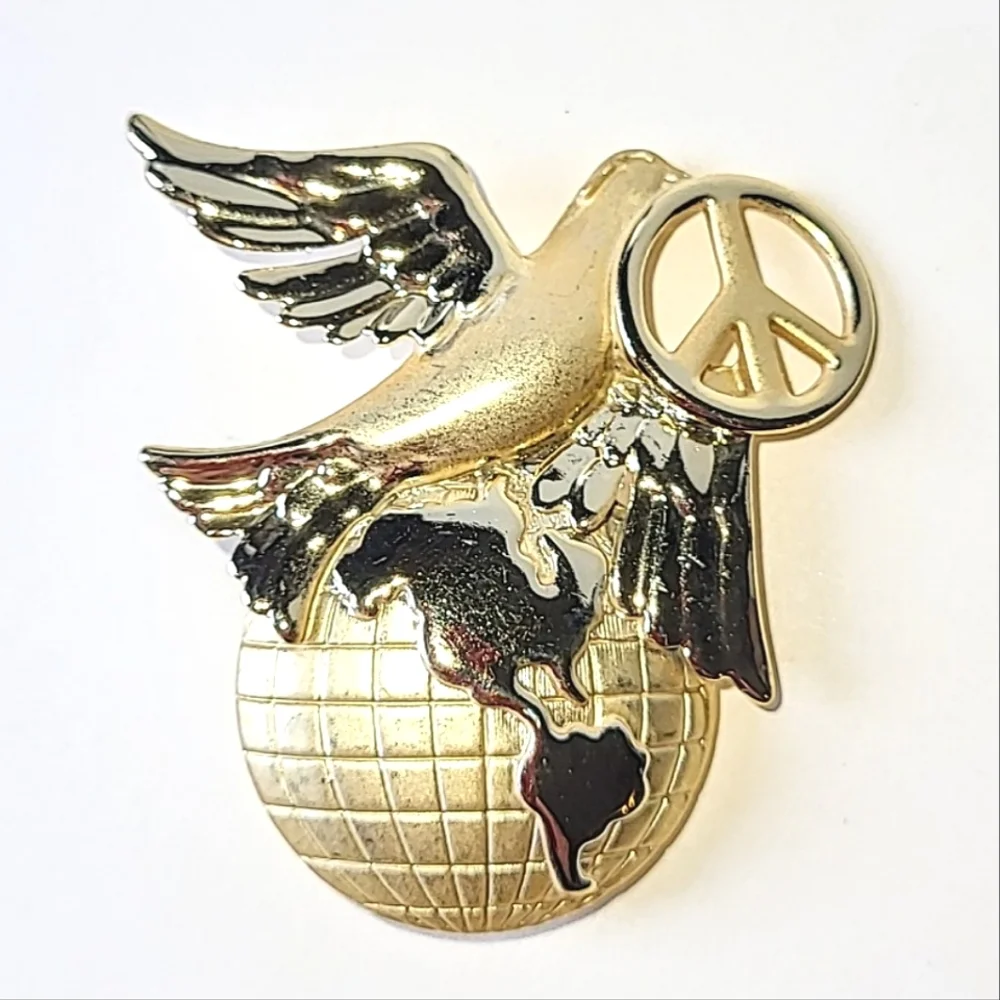 World Peace Brooch by AJC - Dove, Peace Sign, Globe